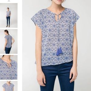 Mango Azulejos Blue Tile Print Short Sleeve Summer Top Tie Front Tassels 10